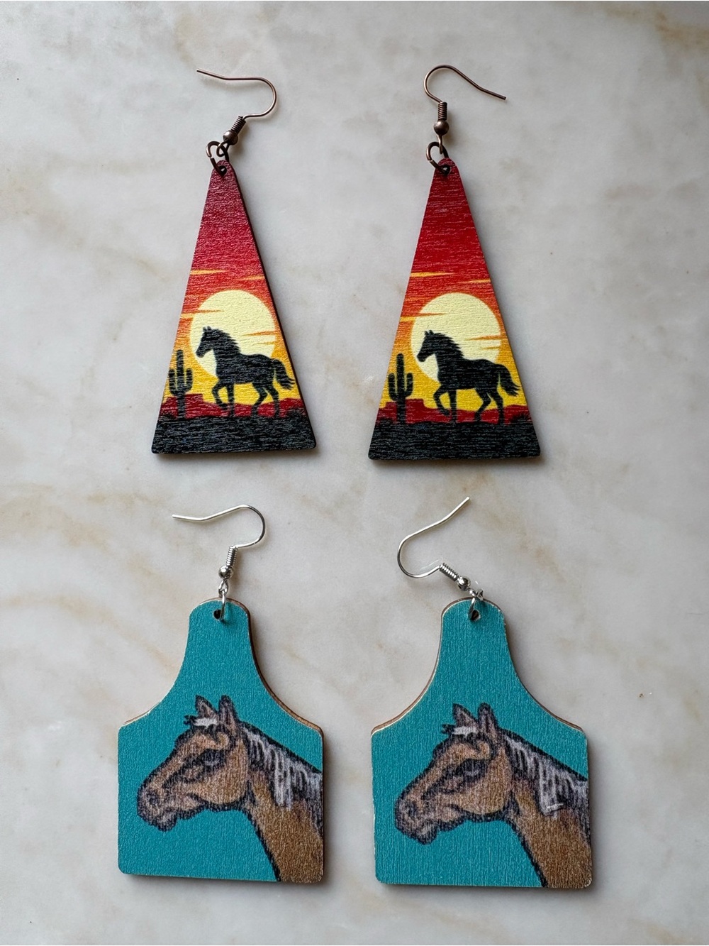 Western Horse Sunset & Turquoise Horsehead Wood Earrings - Set of 2 Pairs
